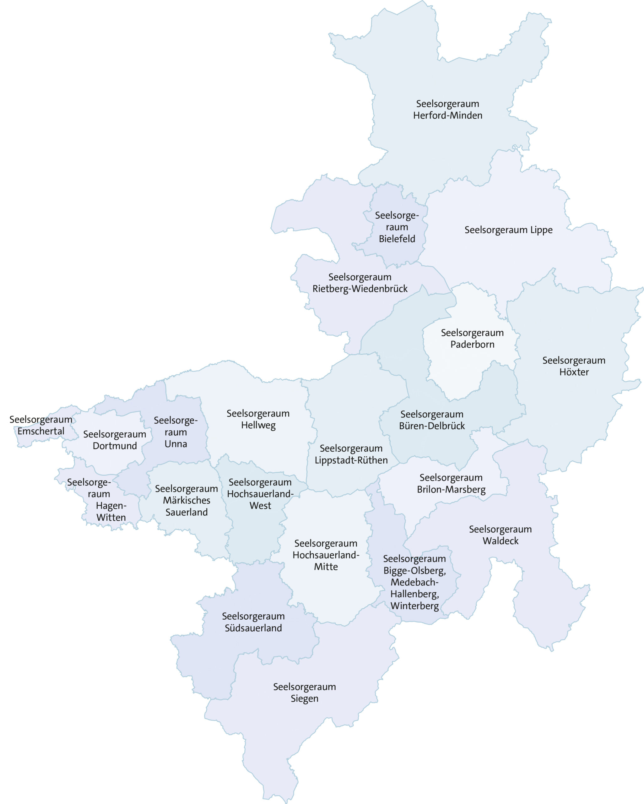 Karte der 21 Seelsorgeräume im Erzbistum Paderborn